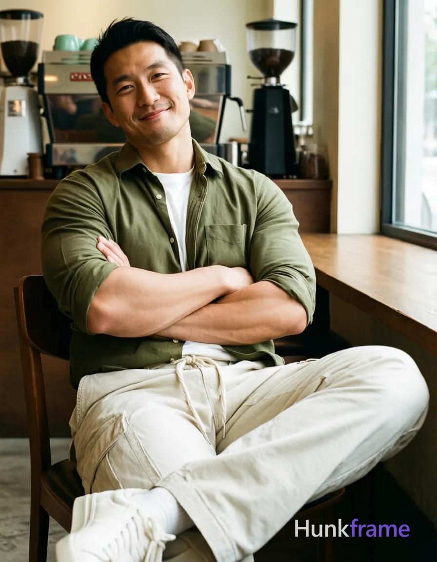 Asian man seated on wooden chair, arms crossed over chest with relaxed confident smile and slight head tilt; Wearing olive green button-down shirt open at collar revealing white crew-neck t-shirt neckline underneath; sleeves rolled to mid-forearm showing defined biceps and triceps under fabric; Off-white loose-fitting cargo pants with drawstring waistband partially obscuring thick thighs, paired with white low-top sneakers visible at bottom frame; Indoor cafe setting with espresso machine in background, natural daylight streaming from right window creating soft shadows on face; High-key lighting typical of lifestyle editorial photography, slight film-like warmth, vertical portrait composition capturing head to knees; single clean uninterrupted photograph with a cohesive editorial composition and plain continuous surrounding surfaces