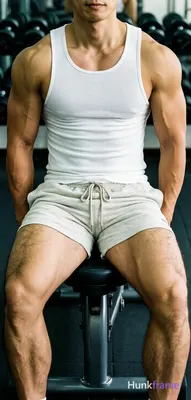 Seated on a black weight bench, torso upright with hands resting on the edges beside hips and legs s