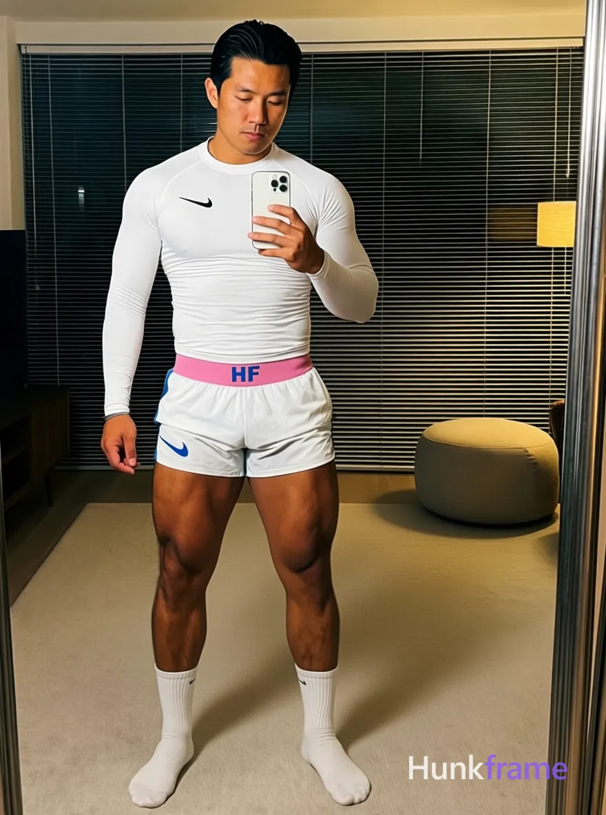 Asian man with tanned skin and black slicked-back hair, clean-shaven face looking down at a white smartphone held in left hand. Standing full-length mirror selfie pose, weight balanced on both legs, right arm relaxed by side. Wearing white long-sleeve compression shirt with centered black Nike swoosh logo, pink 'WOOM WOOM' waistband visible above white athletic shorts with blue swoosh, plain mid-calf socks, no shoes. Indoor residential space at night behind closed horizontal blinds, round stone coffee table and beige ottoman in background. Soft directional fill from front-left creating subtle shadows along torso and limbs, ambient warm interior glow reflecting off skin tones. High-resolution mirror selfie aesthetic, clean composition centered vertically within frame, dramatic lighting highlighting defined anatomy, thick thighs, and confident strength., shot on iPhone 15 Pro main camera, authentic smartphone computational photography, natural Smart HDR, vertical 9:16 Xiaohongshu lifestyle post, bright clean gym or cafe scene, wardrobe matching reference outfit, confident everyday blogger pose, phone photo with natural grain, phone held naturally in one hand for selfie, phone visible in frame, a single uninterrupted photograph only, no written words or typography anywhere in frame, no captions, no app UI, no social-media post layout, no screenshot borders