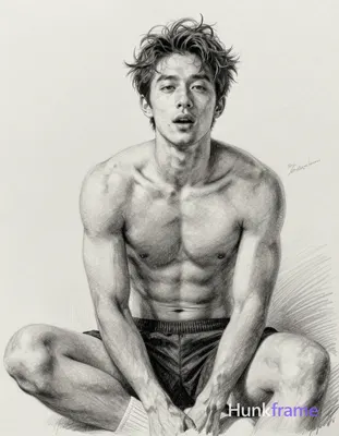 pencil sketch of a handsome masculine man with tousled hair, shirtless, head tilted slightly forward