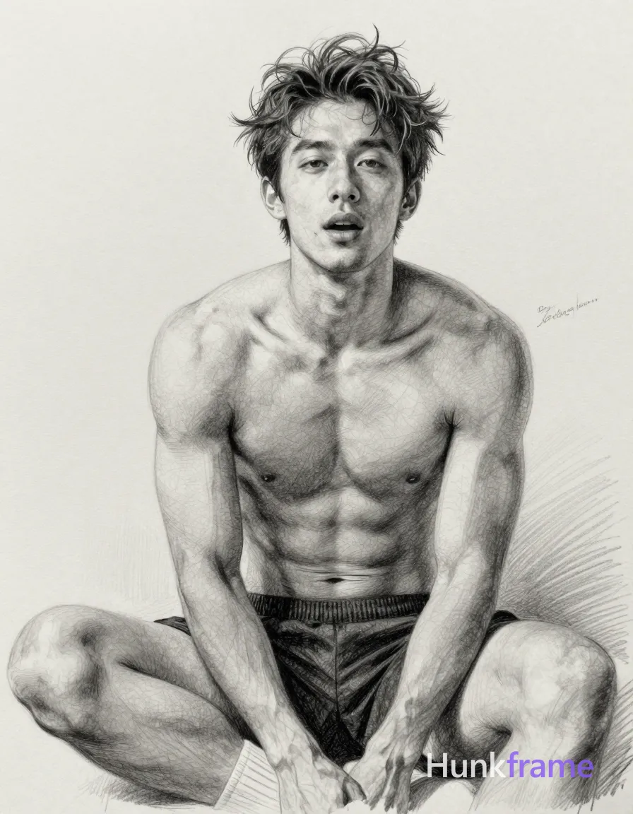 pencil sketch of a handsome masculine man with tousled hair, shirtless, head tilted slightly forward and mouth slightly open as if speaking or caught mid-sentence, torso-only crop with full head visibility and shoulders down, thick muscular thighs, soft lighting, muted gray tones, intimate and contemplative mood, vertical portrait orientation, 963:1100 aspect ratio