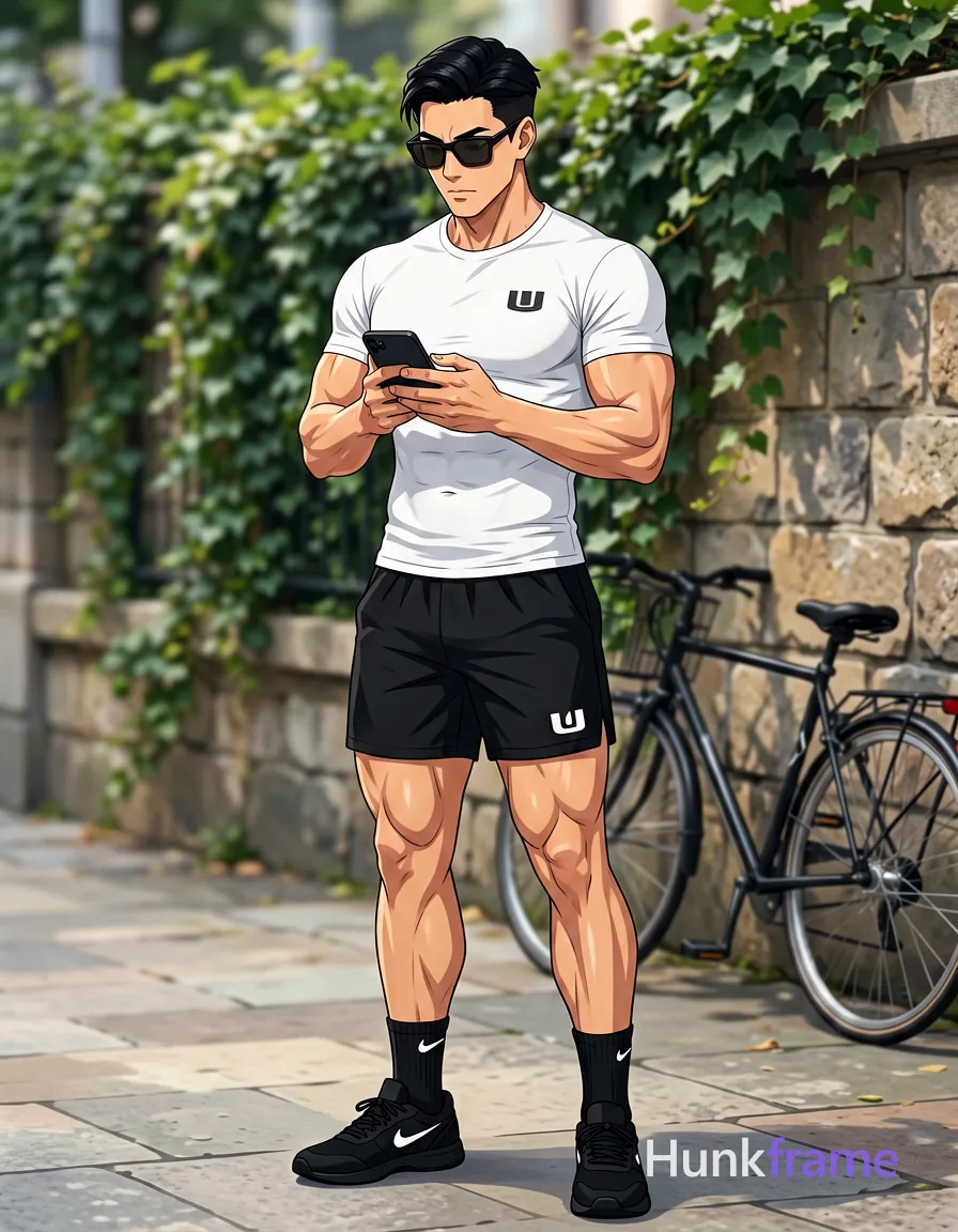 Asian man with short black side-parted slick-back hair and dark-tinted rectangular sunglasses stands on a paved sidewalk, holding a black smartphone with both hands at chest level; He wears a white tight-fitting an anonymous figure compression t-shirt with logo visible on left chest, black athletic shorts with white UA logo lower left leg, black crew socks with small white Nike swoosh outer ankle area, and black low-top sneakers; Full-body shot from head to mid-calf showing broad shoulders, defined pectorals, visible abdominal definition, thick muscular thighs, well-defined calves in polished anime 2.5D next-gen game art style; Body angled slightly right toward a bicycle leaning against stone wall background on the right third; Green ivy-covered fence behind subject under natural daylight casting soft shadows creating expressive face and athletic anatomy; Vertical portrait orientation 13:19 aspect ratio with realistic depth of field blurring background slightly; The adult man visibly wears dark-tinted sunglasses worn on face; rectangular frame shape, thin black rims, opaque lenses obscuring eye details on his face; preserve; single clean uninterrupted artwork with a cohesive composition and plain continuous surrounding surfaces