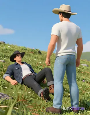 Polished 2.5D anime rendering of two adult men on a grassy hillside under clear 