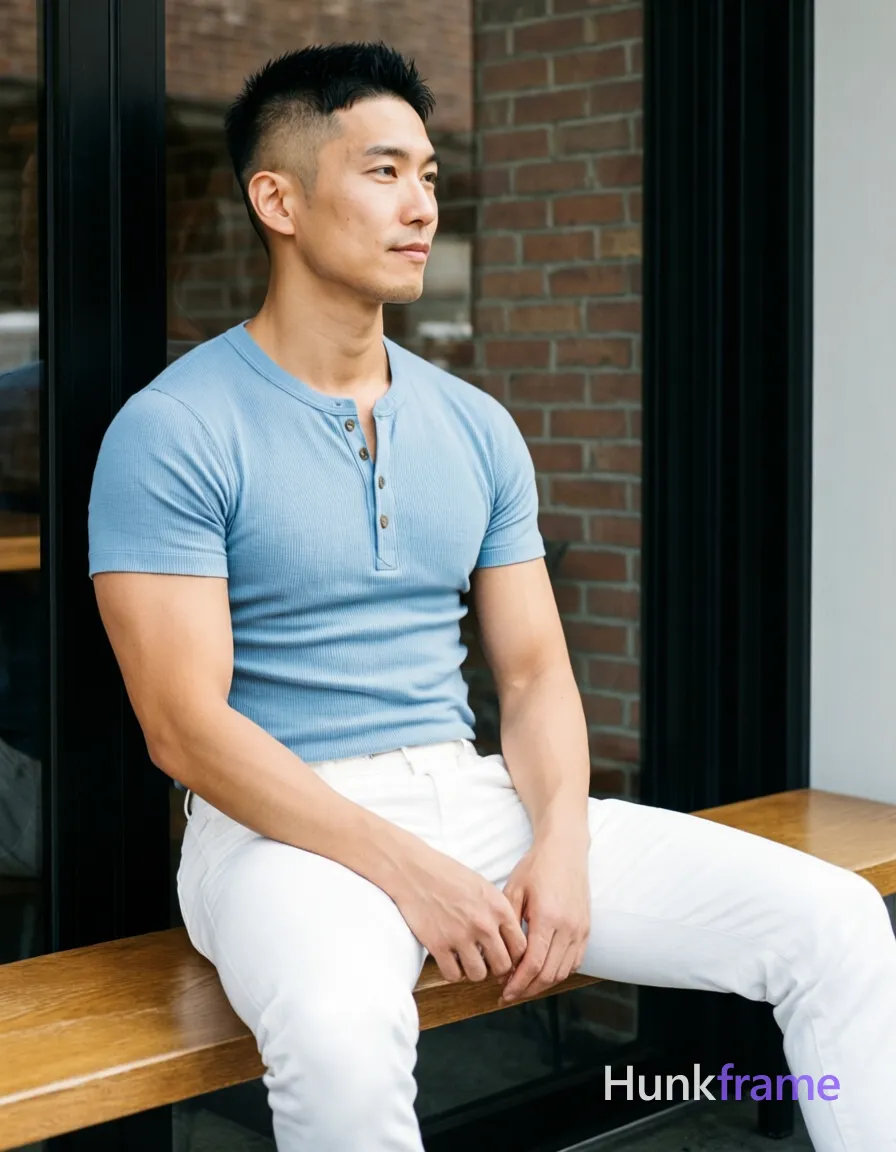 Asian man with light-medium skin and a short black buzz cut featuring textured top and faded sides sits centered on a wooden bench; He wears clean-shaven face, calm composed gaze directed off-camera right, broad shoulders, defined pectorals, toned abdominal muscles visible through fitted shirt in a light blue short-sleeve henley t-shirt with ribbed texture and three-button placket (top two buttons fastened) paired with white slim-fit trousers; Legs spread apart; left leg slightly forward bent at knee, right leg extended back along bench edge; Indoor cafe setting against large black-framed glass window showing brick wall reflection behind; Natural daylight creates soft directional highlights on face and torso, subtle shadows under chin and arms indicating overhead ambient fill; Clean lines, natural lighting, editorial framing, minimalist palette, same aesthetic theme and photo feel as the reference but a different man in a different pose with distinct body proportions, Japanese man, soft masculine features, straight black hair, slim dancer build; single clean uninterrupted photograph with a cohesive editorial composition and plain continuous surrounding surfaces