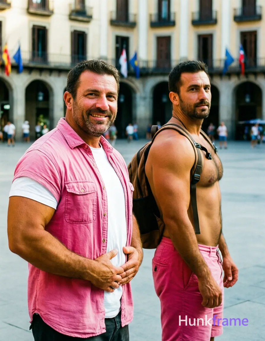 an anonymous figure men standing side-by-side in a vertical portrait muscle bear photography shot, man 1 on left foreground wearing pink short-sleeved button-up vest over white t-shirt with hands resting on lower abdomen and waist area, smiling at camera; man 2 slightly angled toward him facing forward-right in matching pink shorts or pants with brown backpack straps. Outdoor urban plaza setting with multi-story building backdrop featuring flags and balconies under natural daylight with soft shadows indicating diffused sun conditions. Shallow depth of field blurring background slightly against gray concrete tones, bright saturated colors creating a rugged warm confidence aesthetic., a single uninterrupted photograph only, no written words or typography anywhere in frame, no captions, no app UI, no social-media post layout, no screenshot borders