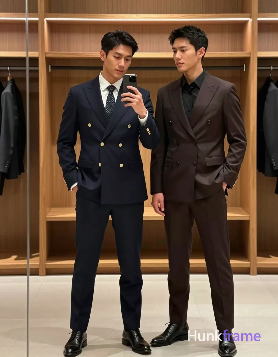 an anonymous figure men in an athletic photography mirror selfie composition within a gym or retail environment with wooden shelving units and linear LED lighting. Center subject holds smartphone right hand to capture reflection; left man stands upright hands in pockets body angled toward center wearing dark navy double-breasted suit jacket gold buttons white dress shirt patterned dark tie matching trousers black leather shoes; right man stands upright hands in pockets body angled inward wearing dark brown double-breasted suit jacket dark buttons black dress shirt no visible tie. Vertical portrait 13:19 aspect ratio framed within mirror reflection showing upper legs to head left third partially cropped by edge. Overhead artificial illumination casting even ambient light with soft directional highlights on shoulders and faces reflecting off glass surface. Polished sophisticated calm formal yet intimate mood sharp focus on tailored suits grooming details clean lines premium aesthetic., same aesthetic theme and photo feel as the reference but a different man in a different pose with distinct body proportions, Thai man, smooth tan skin, gentle eyes, slim toned Muay Thai physique, a single uninterrupted photograph only, no written words or typography anywhere in frame, no captions, no app UI, no social-media post layout, no screenshot borders
