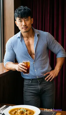 Asian man with medium-light skin, short dark black hair textured top and sides with tousled front ba
