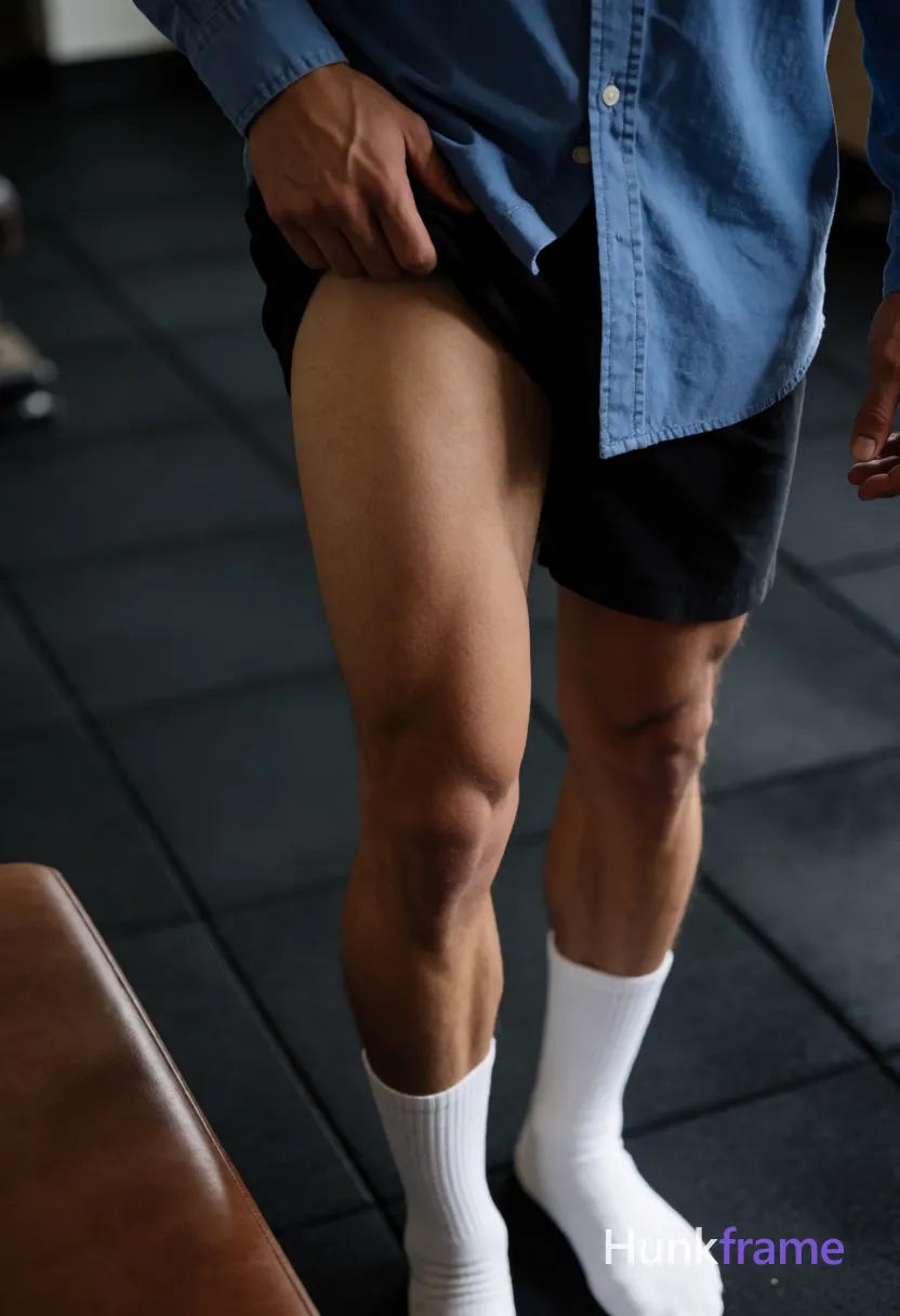 Photograph of exactly 1 adult man. Man 1: light to medium tan. Man 1 has fully exposed eyes, eyebrows, temples and nose bridge. Thick thighs, defined quadriceps dominate the frame under soft directional gym lighting. Right hand pulls dark shorts waistband upward while left leg extends forward on black rubber flooring. Blue long-sleeve button-up shirt partially open reveals bare chest with white crew socks on feet. Vertical portrait crop focuses exclusively on lower body from thighs down to shoes excluding head. Indoor gym space features black rubber floor tiles, brown leather bench edge in bottom left corner. High-contrast shadows sculpt leg musculature with subtle highlights emphasizing athletic form details