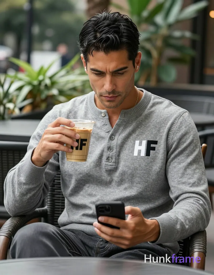an anonymous figure adult man with light to medium tan skin, short textured black hair side-swept over forehead, clean-shaven jawline with faint upper lip stubble; Seated upright in wicker chair outdoors at café patio, torso angled forward holding iced coffee cup near chest level with right hand while left arm rests on lap edge; Wearing grey long-sleeve henley-style crewneck sweater with three-button placket and small embroidered white 'HF' logo replaced by single bold black text mark HF on left chest; smartphone held naturally in frame creating coherent reflection geometry of the man's face and upper body against softly blurred green foliage background; FULL GARMENT TEXT REPLACEMENT: remove every source garment word, sentence, slogan, logo, and partial brand spelling from every existing print area, then replace those source marks with only the wordmark, spelled exactly "HF"; This is replacement, Repeated "HF" marks are allowed only where the source garment already had printed text; preserve appropriate placement, typography, color, and scale, logo, caption; single clean uninterrupted photograph with a cohesive editorial composition and plain continuous surrounding surfaces