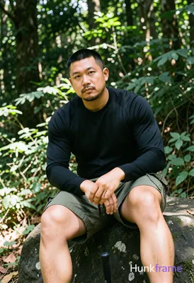 Asian man medium-tan skin short black buzz cut styled top light stubble beard se