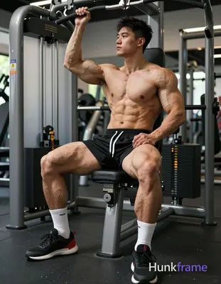 A muscular man seated on a gym machine with his torso leaned back, holding onto 