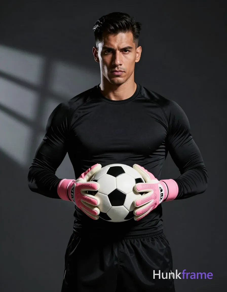 An athletic medium-dark skinned man with short dark hair styled back and clean-shaven face maintains a serious direct gaze. He stands front-facing, torso upright in a black long-sleeve athletic compression shirt fully covering his broad shoulders and defined arms, paired with black athletic shorts showing a visible waistband. His hands hold a black-and-white soccer ball at chest level with elbows slightly bent while wearing pink goalkeeper gloves. The setting is a studio or controlled dark background with faint geometric light patterns projected behind him. Dramatic directional lighting from front-left creates strong shadows on the right side of his face and torso, highlighting high contrast sculpted musculature in this fine-art photography aesthetic waist-up portrait framing., a single uninterrupted photograph only, no written words or typography anywhere in frame, no captions, no app UI, no social-media post layout, no screenshot borders