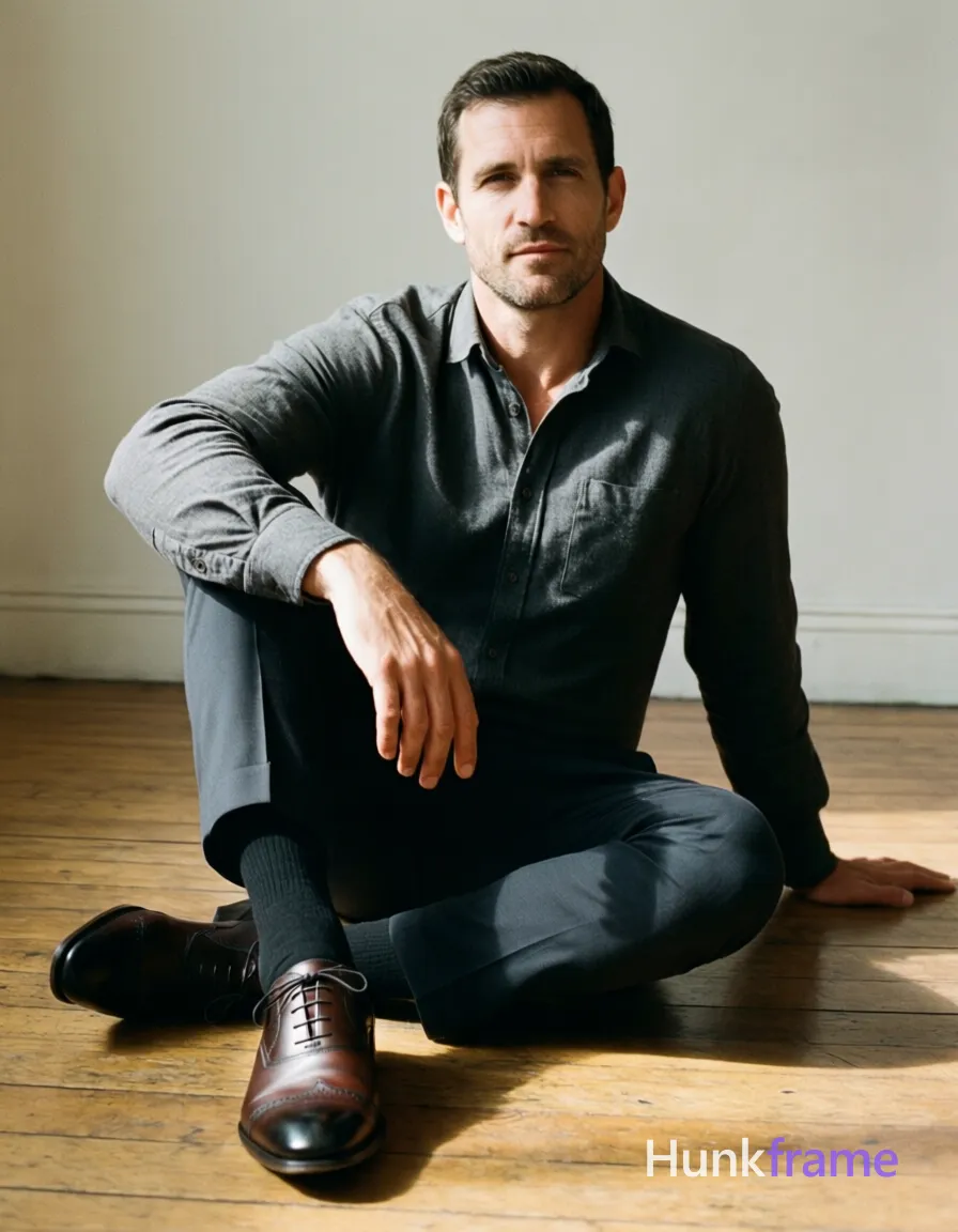 Confident adult man with medium-light skin and short dark hair seated cross-legged on wood floor, right leg bent forward left extended back; wearing buttoned charcoal long-sleeve shirt, tailored dark trousers, black socks, polished oxford shoes; Tasteful suggestive lighting casts soft shadows across his slim-to-moderate build and relaxed torso posture in vertical portrait frame; FULL TEXT REPLACEMENT: remove every original source word, sentence, slogan, logo, and partial spelling from the text-bearing area, then replace it with only the wordmark, spelled exactly "hunkframe" in the original compositional text position; This is replacement; Preserve appropriate typography and scale; No other visible text, logo, caption, username, hashtag, comment, watermark, or UI chrome; single clean uninterrupted photograph with a cohesive editorial composition and plain continuous surrounding surfaces