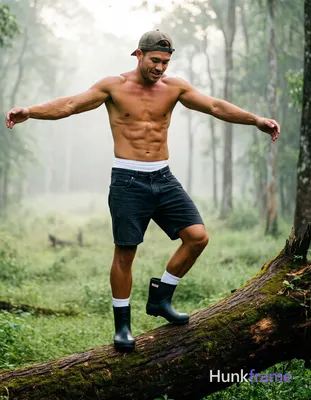 A confident Caucasian man with light medium tan skin stands shirtless on a mossy