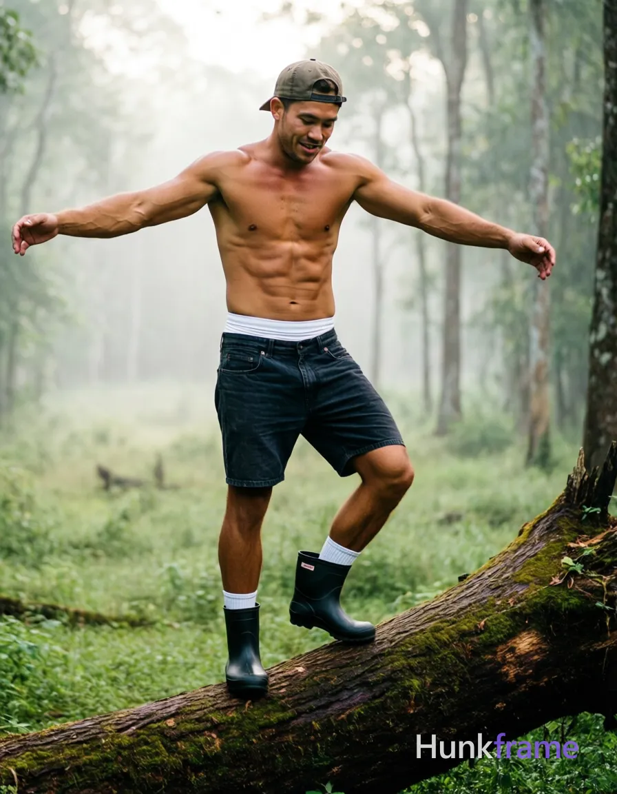 A confident Caucasian man with light medium tan skin stands shirtless on a mossy fallen forest log, balancing carefully with arms spread wide and torso slightly angled forward; He wears dark denim shorts revealing the white an anonymous figure waistband above, paired with black rubber boots and white crew socks; His short dark brown hair is tucked under a cap while he gazes downward with a relaxed mouth expression; The setting shifts to a misty dawn clearing where soft diffused light highlights his broad shoulders, defined pectorals, six-pack abs, and thick thighs in fine-art photography, same aesthetic theme and photo feel as the reference but a different man in a different pose with distinct body proportions, Thai man, smooth tan skin, gentle eyes, slim toned Muay Thai physique; single clean uninterrupted photograph with a cohesive editorial composition and plain continuous surrounding surfaces