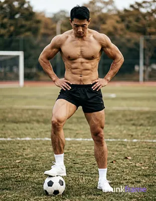 Photoreal photograph of an Asian male standing shirtless on a soccer field with 