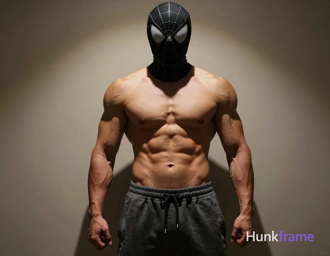 Shirtless adult man with broad shoulders and defined pectorals, standing upright facing camera with arms relaxed at sides, fists loosely clenched. Wearing a black Spider-Man-style mesh mask covering head and neck with white eye lenses, dark gray drawstring sweatpants waistband resting on hips. High-contrast chiaroscuro lighting from right side casting deep shadows on left torso against beige wall interior. Vertical portrait crop showing full torso to mid-thigh centered composition. Fine-art photography style emphasizing sculpted musculature including six-pack abs and thick forearms in moody atmosphere., a single uninterrupted photograph only, no written words or typography anywhere in frame, no captions, no app UI, no social-media post layout, no screenshot borders