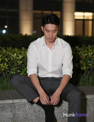Photograph of exactly 1 adult man. Man 1: Asian, light-medium, oval with defined jawline, short dark