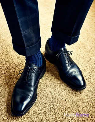 High-angle wall art close-up of a masculine man's lower legs and feet standing o