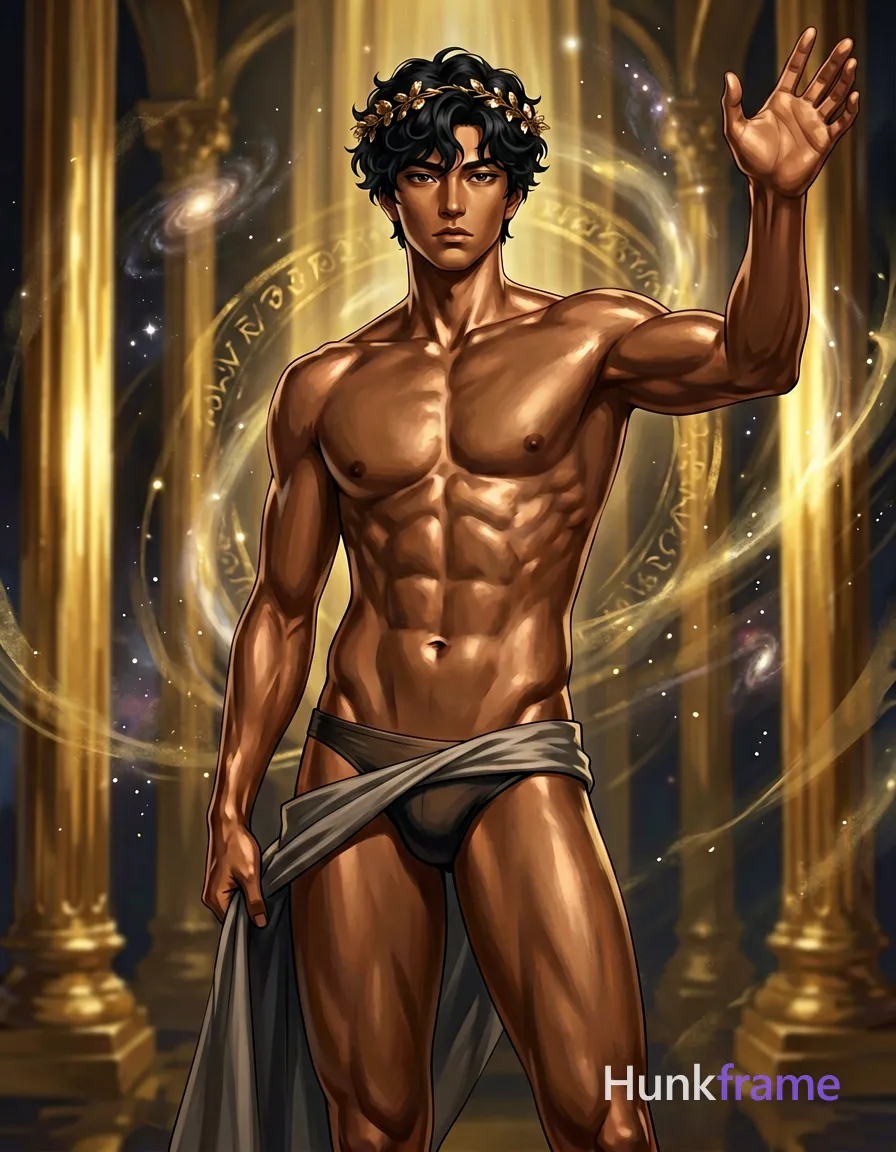 Polished anime rendering of a bronze-skinned man with short dark curly hair and wreath accessory in contrapposto stance. He stands shirtless holding draped fabric near hip, left arm extended upward open-palmed against an abstract background with vertical golden columns and swirling cosmic patterns. High-contrast chiaroscuro lighting sculpts his defined abs and broad shoulders from head to mid-thighs in a painterly 2.5D style., same aesthetic theme and photo feel as the reference but a different man in a different pose with distinct body proportions, lean Korean man, sharp jaw, monolid eyes, slim swimmer build, natural black hair, wearing underwear or swim trunks, covered genitals, no frontal nudity, a single uninterrupted photograph only, no written words or typography anywhere in frame, no captions, no app UI, no social-media post layout, no screenshot borders
