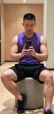 Asian man with short black buzz cut and light stubble sits centered in a gym mirror reflection on a 