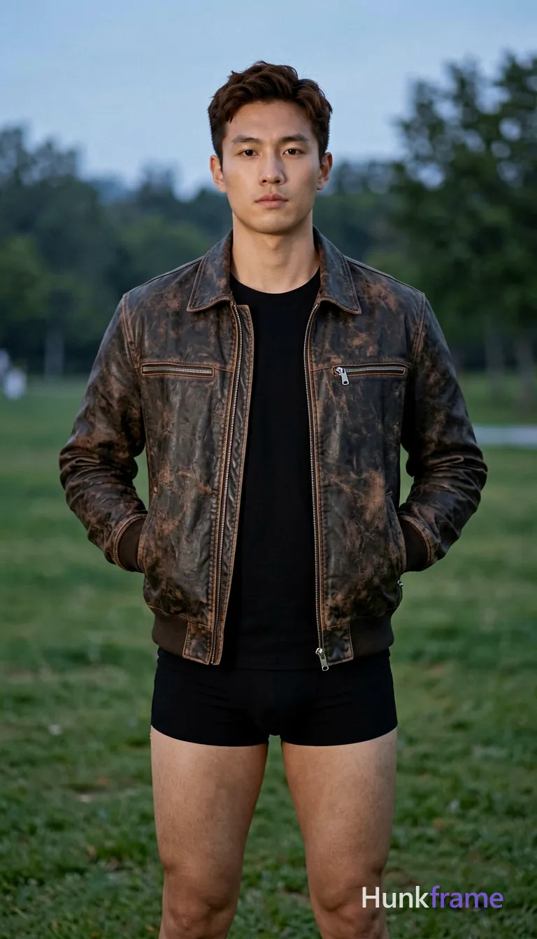 an anonymous figure man with light-medium skin and short dark brown textured hair, clean-shaven face standing upright facing forward; He wears a dark brown distressed leather bomber-style jacket over a black crew-neck t-shirt, hands in zippered chest pockets; Full-body shot from head to mid-thighs centered against an outdoor park setting with green grass and distant trees under soft dusk light; Fine-art photography aesthetic with shallow depth of field blurring the background elements into muted blue-gray tones; securely fitted underwear or swim trunks with complete frontal coverage; single clean uninterrupted photograph with a cohesive editorial composition and plain continuous surrounding surfaces