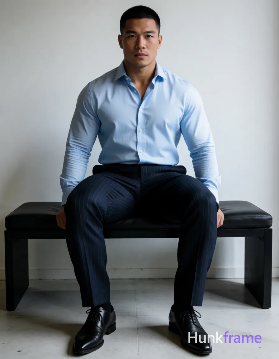 Heavily muscular adult man with substantial muscle mass, wide shoulders, thick neck, large chest and arms, powerful thighs, and dense bodybuilding proportions; Asian man with short black buzz cut and clean-shaven face, seated upright on a modern black bench in an indoor minimalist space; He wears a light blue long-sleeve button-down shirt unbuttoned at the top two buttons revealing bare chest from collarbone to navel, dark navy pinstripe dress pants with visible creases down front of legs, and black leather oxford shoes with pointed toes; Full-body shot including head-to-knees centered horizontally, occupying majority of vertical frame from head to mid-calf; Dramatic directional light emphasizes defined anatomy, broad shoulders, full pectoral definition, and toned abdominal muscles visible through shirt opening while inner thighs and knees are exposed due to seated pose with legs apart; Athletic gym photography style confident strength, same aesthetic theme and photo feel as the reference but a different man in a different pose with distinct body proportions, Northern European man, light freckled skin; single clean uninterrupted photograph with a cohesive editorial composition and plain continuous surrounding surfaces