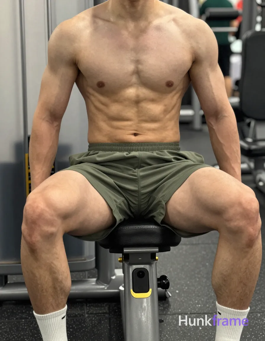 Photoreal photograph of a shirtless man seated on a gym machine with his torso leaned back and hands resting on his thighs. The image is cropped to show only the upper body in a vertical portrait orientation, with an 896x1152 canvas size. He wears olive green athletic shorts and white crew socks. His physique highlights defined abs and thick muscular thighs. The lighting is bright indoor gym light with warm tones that create slight gloss on his skin, suggesting sweat or artificial lighting. The image quality is sharp with a natural sheen to the skin, emphasizing the compact athletic build and thick legs., shot on iPhone 15 Pro main camera, authentic smartphone computational photography, natural Smart HDR and true-to-life skin texture, vertical 9:16 Xiaohongshu lifestyle feed, bright clean everyday scene, unretouched phone photo with subtle sensor grain, trendy Chinese internet 网红 aesthetic, candid influencer energy