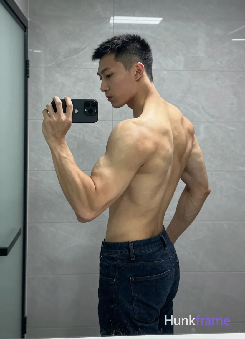 Asian man with short black buzz cut and clean-shaven face, standing sideways facing left in a high-resolution mirror selfie; He holds a black smartphone with both hands at chest level to capture the reflection while his right elbow flexes sharply showing bicep definition; left hand rests on hip; Shirtless adult male displays broad shoulders, defined lats, visible trapezius muscles, sculpted latissimus dorsi, and clear abdominal definition against light-medium skin tone; Wearing dark blue slim-fit jeans only; Setting is a bathroom interior with light gray marble-effect tiled walls and frosted glass shower door on the left edge of frame; Soft overhead artificial lighting creates subtle shadows along spine and shoulder blades; Cool grays from tiles contrast deep navy denim and natural skin tones in this premium fashion-editorial vertical portrait composition; single clean uninterrupted photograph with a cohesive editorial composition and plain continuous surrounding surfaces