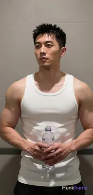 Photograph of exactly 1 adult man. Man 1: Asian, light-medium, oval with defined jawline, short dark