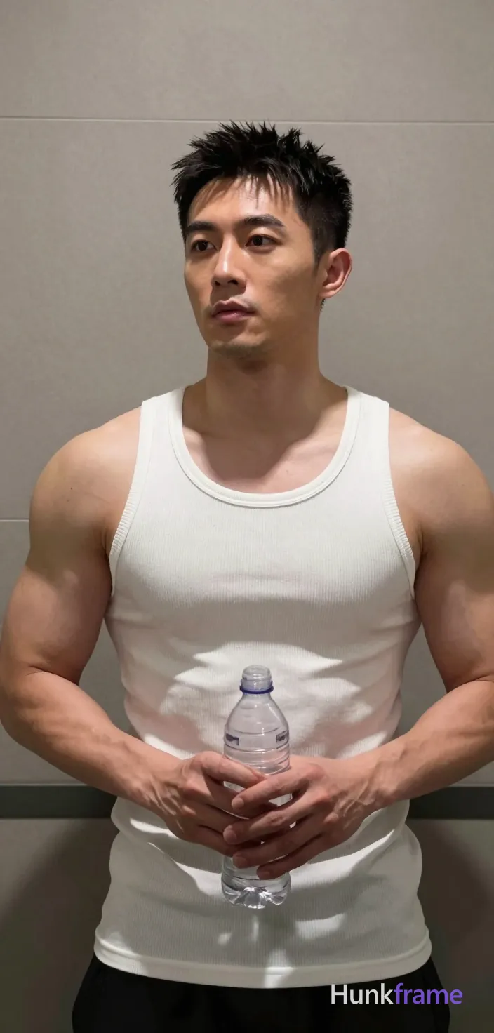 Photograph of exactly 1 adult man. Man 1: Asian, light-medium, oval with defined jawline, short dark hair, textured and spiky on top, tapered sides, clean-shaven. Man 1 has fully exposed eyes, eyebrows, temples and nose bridge. Muscular Asian man with broad shoulders, defined pectorals stands upright holding a clear water bottle at waist level. Subject holds plastic water bottle firmly with both hands while maintaining neutral focused gaze slightly left of camera. White ribbed tank top covers chest to mid-thighs showing vascular forearms, minimal chest hair under fabric. Waist-up portrait composition centers subject on light gray tiled background with dark baseboard visible behind torso. Indoor bathroom or locker room setting features clean minimalist atmosphere with soft directional lighting from front-left. Dramatic directional light creates subtle shadows on right side of face and sculpted muscular definition across shoulders. High-resolution fine-art photography captures natural skin texture, athletic build, and confident strength in gym aesthetic