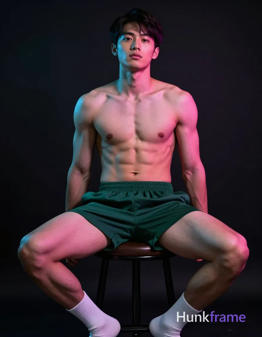 an anonymous figure man seated on a low stool, legs spread wide apart with hands resting loosely on thighs; Shirtless torso revealing sculpted abdominal musculature and broad shoulders; thick thighs visible in the full-body shot from mid-thigh up to head; Wearing dark green athletic shorts with elastic waistband and white crew socks above ankles; Clean-shaven face with short straight dark hair, neutral composed expression gazing directly at camera; Studio setting against a black backdrop illuminated by dramatic pink and blue neon-style spotlights creating high-contrast highlights on skin texture; Fine-art photography style with soft shadows accentuating musculature; intense sensual cinematic mood in vertical 13:19 aspect ratio; single clean uninterrupted photograph with a cohesive editorial composition and plain continuous surrounding surfaces