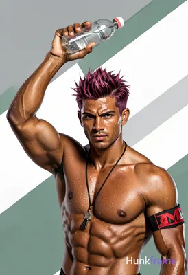 A striking medium-brown skinned man with short spiky reddish-purple hair and swe