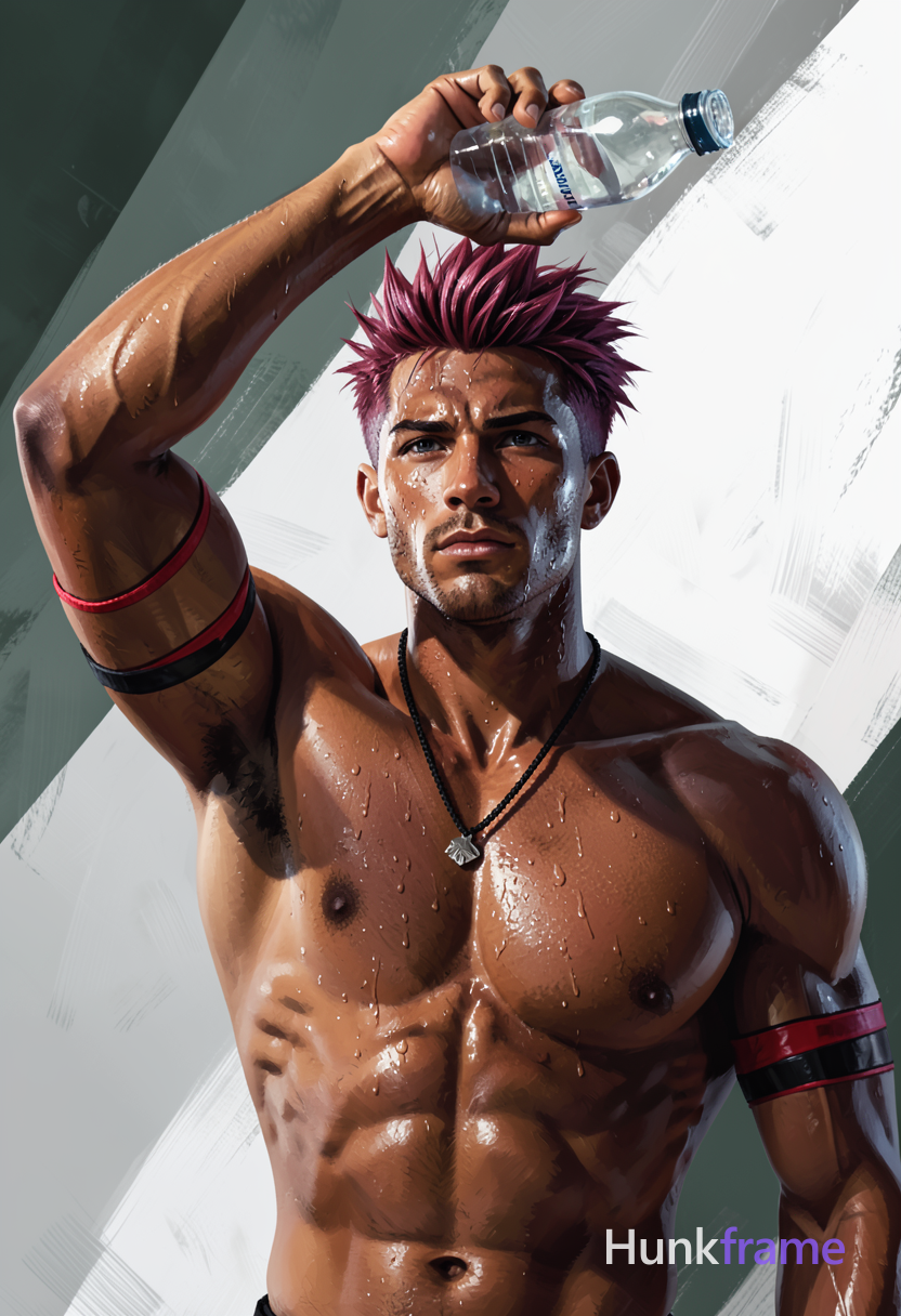 A handsome medium-brown skinned man with short spiky reddish-purple hair and swe