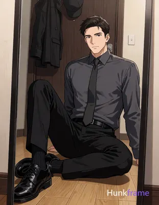 Adult man with short dark brown hair and clean-shaven face rendered in polished anime 2.5D next-gen 
