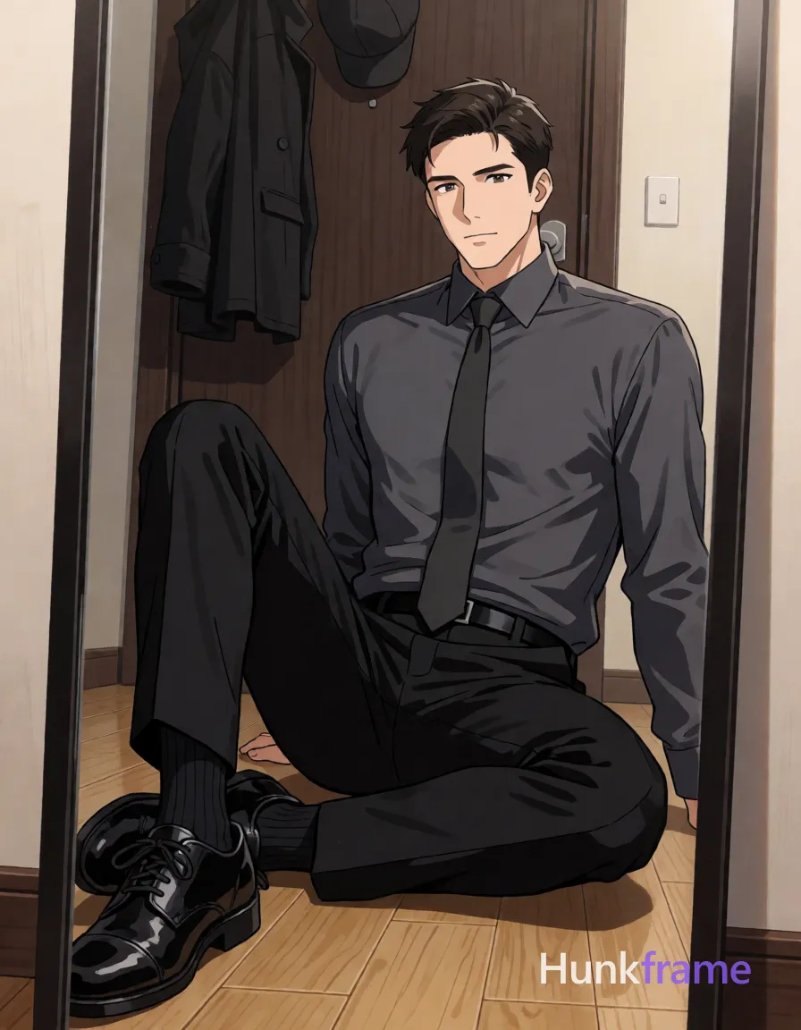 Adult man with short dark brown hair and clean-shaven face rendered in polished anime 2.5D next-gen style, seated on light wood floor wearing a dark gray long-sleeve dress shirt buttoned front, matching dark gray tie knotted at neck, black tailored trousers, black socks, and black lace-up leather shoes; Full-body vertical shot framed vertically with slight tilt toward mirror reflection showing dark wooden door background with hanging coat and cap; Soft ambient indoor lighting creates gentle highlights on shirt fabric emphasizing athletic anatomy details; Clean lines, muted tones of dark gray, black, wood brown, and beige; FULL TEXT REPLACEMENT: remove every original source word, sentence, slogan, logo, and partial spelling from the text-bearing area, then replace it with only the wordmark, spelled exactly "hunkframe" in the original compositional text position; This is replacement; Preserve appropriate typography and scale; No other visible text, logo, caption, username, hashtag, comment, watermark, or UI chrome; single clean uninterrupted artwork with a cohesive composition and plain continuous surrounding surfaces
