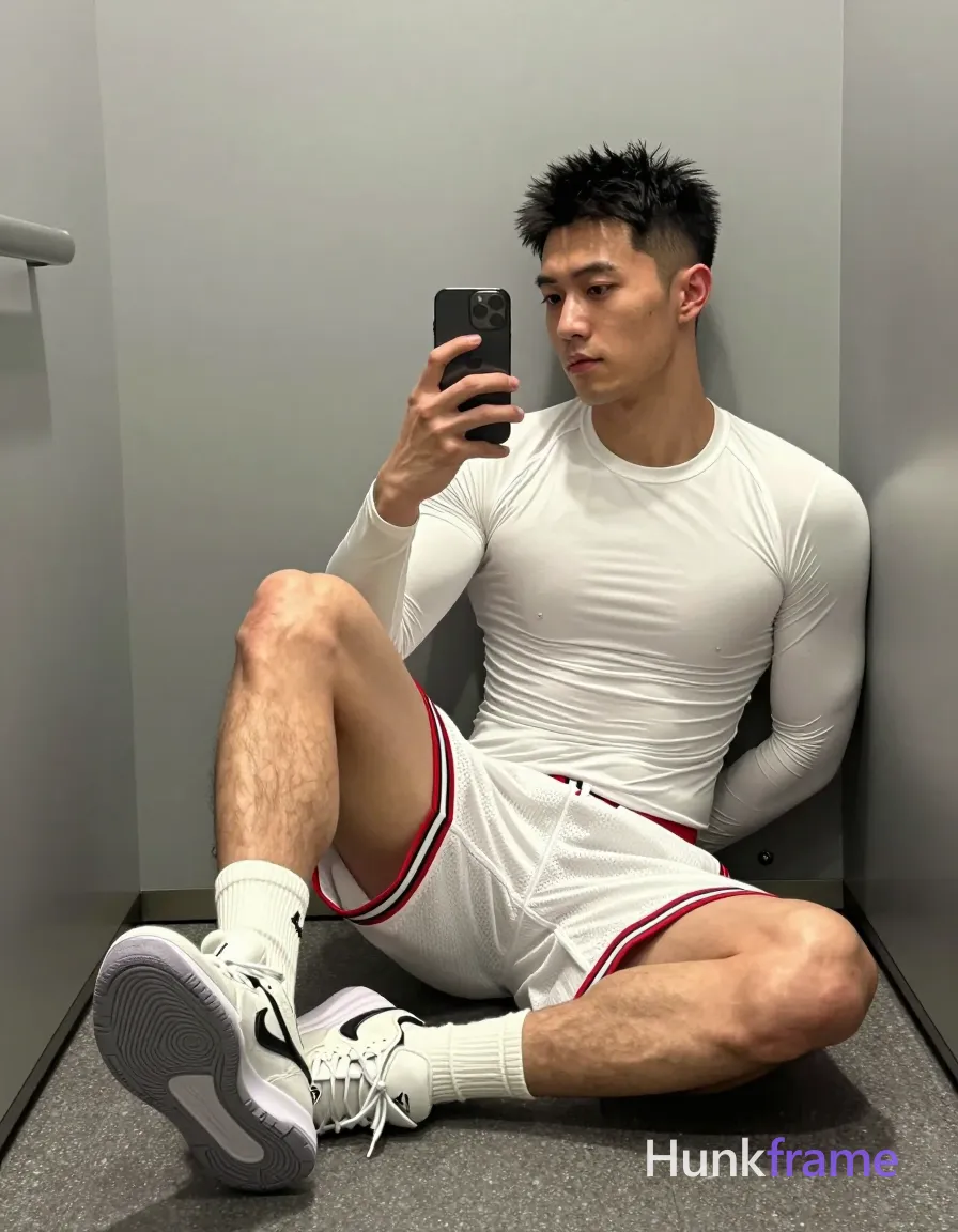 Asian man with short black textured spiky hair and clean-shaven face, lean build in white long-sleeve compression shirt and white basketball shorts with red/black Jumpman trim; Seated sideways against a gray wall in a narrow elevator space, left knee raised showing sole of shoe while right leg extends forward on floor; Holding black smartphone in right hand for mirror selfie, torso leaning slightly toward the glass reflection; Soft ambient indoor lighting highlights light-medium skin tone and athletic physique details within clean vertical portrait composition, same aesthetic theme and photo feel as the reference but a different man in a different pose with distinct body proportions, Turkish man, olive skin, aquiline nose, lean hairy chest editorial look; single clean uninterrupted photograph with a cohesive editorial composition and plain continuous surrounding surfaces