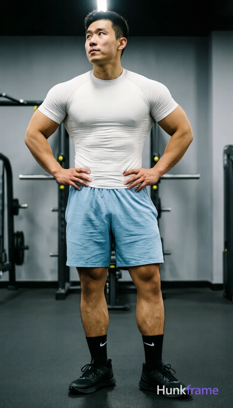 Asian man in a white short-sleeve compression shirt stands with hands on hips, gaze directed upward and left; The snug fit exposes defined chest muscles and arms; light blue loose shorts end mid-thigh showing thick thighs; He wears black ankle socks featuring a white Nike swoosh only on the left sock and black athletic sneakers; Positioned in an indoor gym with grey walls and exercise equipment, soft overhead lighting casts natural shadows across his broad shoulders and visible abdominal definition; single clean uninterrupted photograph with a cohesive editorial composition and plain continuous surrounding surfaces