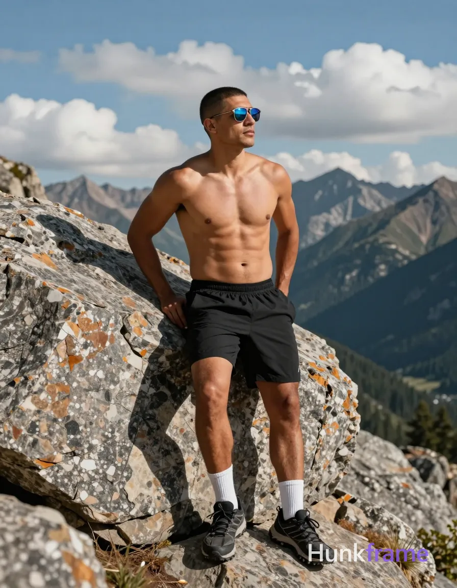 Hispanic or latino man, tanned skin, short dark brown buzz cut with no parting, wearing reflective blue-tinted wraparound sunglasses on face; Standing casually near large granite rock outcrop torso upright leaning slightly back against hands placed flat behind hips for support legs extended forward knees bent at 90 degrees feet resting on lower slope shirtless bare chest abdomen shoulders arms broad shoulders defined pectorals six-pack abs thick thighs black athletic shorts mid-thigh white crew socks ankle bone black trail running shoes with white laces; High alpine ridge overlooking valley and distant peaks under blue sky scattered cumulus clouds bright natural sunlight from upper left casting strong shadows wide-angle perspective shallow depth of field high dynamic range fine-art photography dramatic lighting adventurous confident serene mood 7:4 aspect ratio horizontal landscape orientation The adult man visibly wears wearing reflective blue-tinted sunglasses with thin metallic frames, wraparound style covering eye region completely on his face; preserve the exact frame shape, rim style, color, material, and lens tint, same aesthetic; single clean uninterrupted photograph with a cohesive editorial composition and plain continuous surrounding surfaces