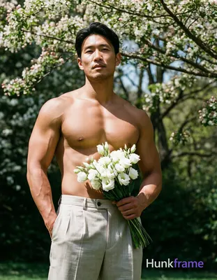 Striking full-bleed vertical phone wallpaper composition of an Asian man with light-medium skin stan