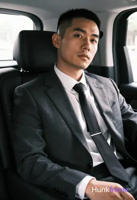 Asian man with buzz cut and light stubble sits in luxury vehicle backseat, torso