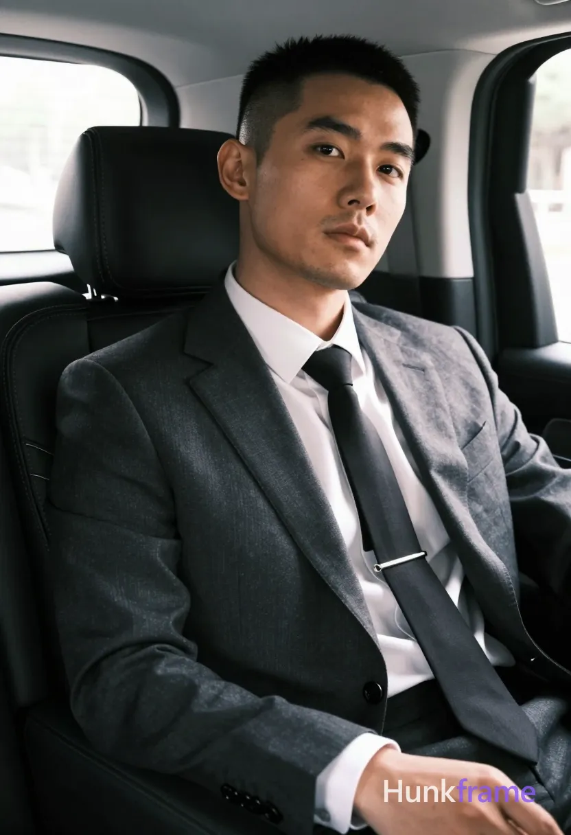 Asian man with buzz cut and light stubble sits in luxury vehicle backseat, torso angled toward camera head tilted right chin lifted; He wears dark grey tailored suit jacket white dress shirt collar visible black tie secured silver clip; Fully clothed adult broad shoulders defined collarbones fill vertical frame from head to mid-thighs; Tasteful suggestive framing with high-contrast editorial lighting casting dramatic highlights on face and left shoulder against dark leather seats; Shallow depth of field clean composition minimal background distraction, same aesthetic theme and photo feel as the reference but a different man in a different pose with distinct body proportions, lean Korean man, sharp jaw, monolid eyes, slim swimmer build, natural black hair; single clean uninterrupted photograph with a cohesive editorial composition and plain continuous surrounding surfaces