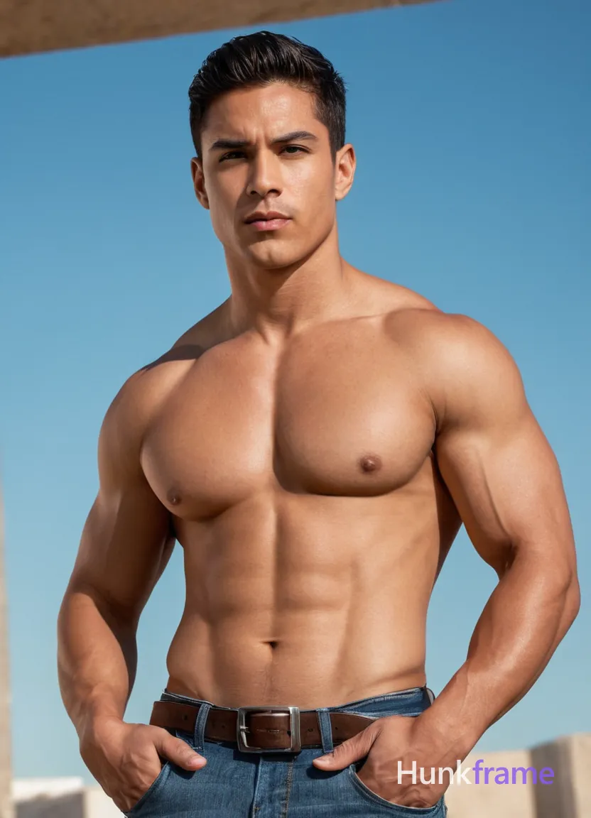 A muscular Hispanic male stands against a neutral-colored backdrop in a full-body pose with hands on hips, creating a confident and powerful image. The studio setting is lit with dramatic overhead lights that cast sharp shadows over his sculpted body, emphasizing the definition of his muscles and highlighting the contours of his tan skin. He wears denim jeans with belt and no shirt, showcasing his athletic build in an artistic, sensual photo with a high-fashion editorial feel
