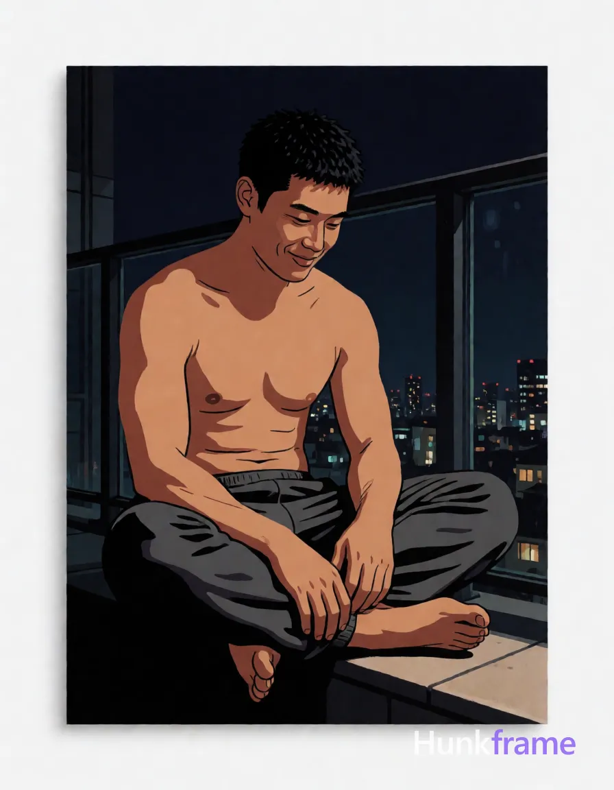 Bold flat-color wall art graphic of an Asian man with tanned skin and short black textured hair seated cross-legged on a balcony ledge; Shirtless torso features broad shoulders, defined pectorals, visible abdominal definition, thick thighs in loose dark gray sweatpants; Soft contemplative smile with head tilted downward against night city skyline background through glass railing; High-contrast color blocking, clean vector line aesthetic, dramatic contrast between subject and deep shadows; single clean uninterrupted photograph with a cohesive editorial composition and plain continuous surrounding surfaces