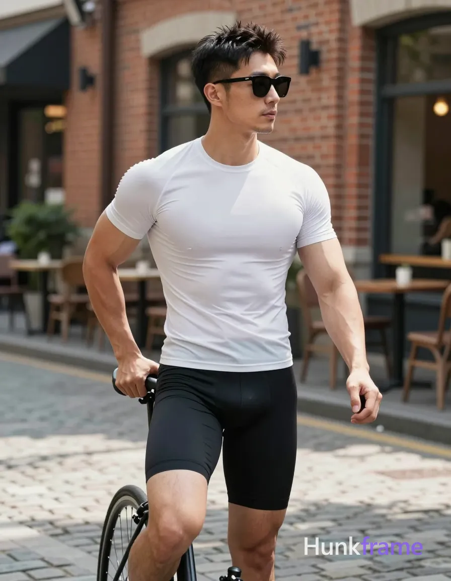 Asian man with light-medium skin and short dark hair featuring a textured top and faded sides, wearing black rectangular frame sunglasses with dark lenses on face; He has light stubble on chin and jawline standing sideways facing right, left hand on hip holding bicycle handlebar with right hand; Dressed in white an anonymous figure compression shirt tight fit exposing chest hair through fabric, black mid-thigh cycling shorts, black athletic shoes; Full body shot head to mid-calf center-left foreground against cobblestone street urban area brick buildings outdoor cafe seating background; Natural daylight dappled sunlight shadows on ground shallow depth of field blurred background defined anatomy broad shoulders and biceps confident strength gym photography aesthetic; The adult man visibly wears black rectangular frame sunglasses with dark lenses worn on face on his face; preserve the exact frame shape, rim style, color, material, and lens tint; single clean uninterrupted photograph with a cohesive editorial composition and plain continuous surrounding surfaces