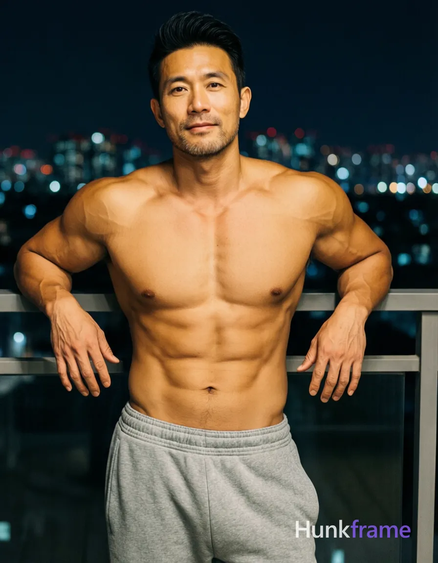 Asian adult man with light tan skin and short dark black hair styled upward at the crown, clean-shaven chin with light jawline stubble; Shirtless torso revealing broad shoulders, defined deltoids, visible biceps veins, six-pack abs, narrow waist, wearing gray sweatpants with elastic waistband; Standing upright leaning slightly forward against a balcony railing, arms bent at elbows resting on railings with hands open and relaxed; Nighttime urban setting with blurred city lights in background, high-contrast lighting creating soft highlights on skin texture; Vertical portrait composition 13:19, head near top third line, torso filling middle frame, legs cropped below waist; Mood confident masculine; single clean uninterrupted photograph with a cohesive editorial composition and plain continuous surrounding surfaces