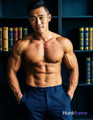 Asian man with short black hair styled back, clean-shaven face, neutral direct gaze standing center-