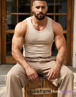 Seated adult man on wooden crate, torso angled right, left arm resting along thigh with hand near kn