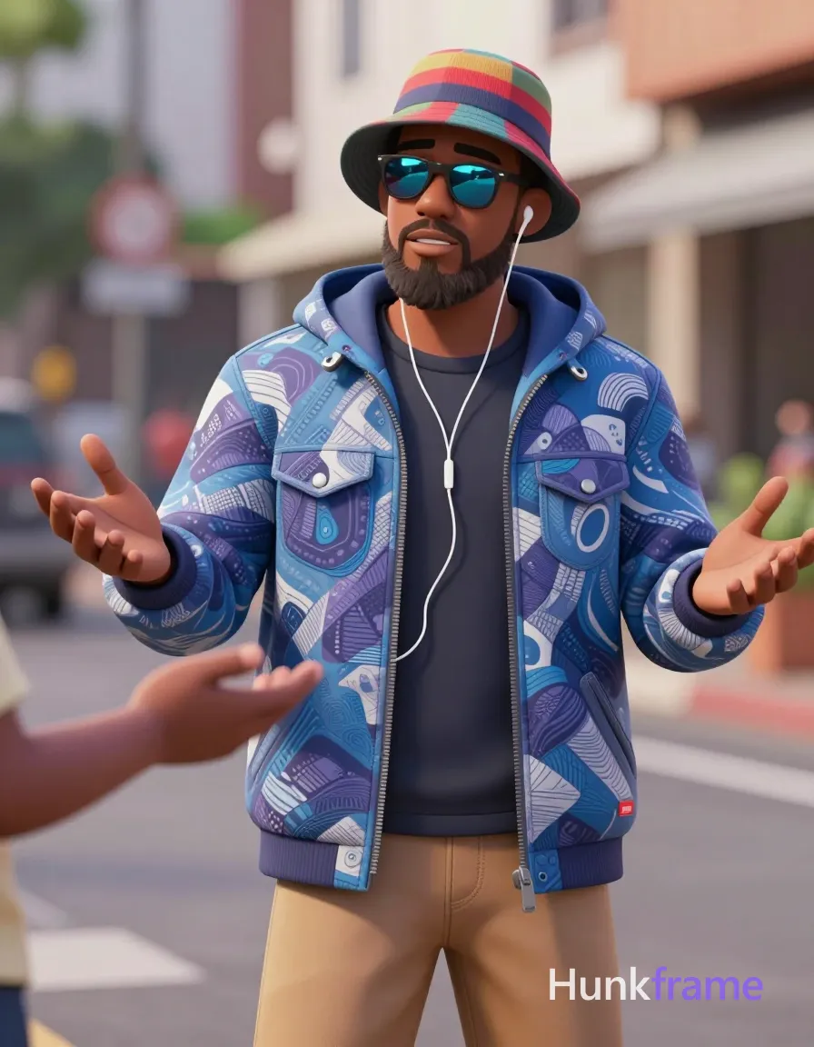 A high-quality 2.5D anime rendering of a Black man with medium-dark skin and short light-brown hair featuring darker roots, full beard, and reflective sunglasses standing in an urban street scene. He wears an open patterned blue/purple/white textured hooded jacket over dark layers, tan trousers, colorful striped bucket hat, and thin white wired earphones while gesturing outward with both arms extended palm-up. A foreground arm reaches toward his hand as he looks forward mid-conversation under natural daylight., same aesthetic theme and photo feel as the reference but a different man in a different pose with distinct body proportions, Thai man, smooth tan skin, gentle eyes, slim toned Muay Thai physique, a single uninterrupted photograph only, no written words or typography anywhere in frame, no captions, no app UI, no social-media post layout, no screenshot borders