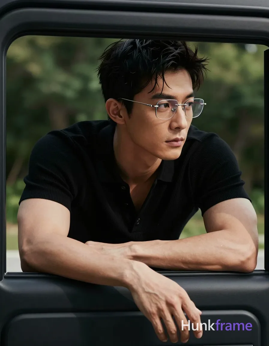 Asian man with light-medium warm skin, short dark textured hair with flyaway strands on forehead, clean-shaven face wearing rimless metal-frame glasses with thin silver temples and clear lenses; He leans forward inside a modern vehicle, forearms resting on the door panel, hands clasped loosely before his chest; Black ribbed short-sleeve polo collar is open revealing upper chest below collarbone; defined biceps, visible forearm veins, sculpted neck muscles are highlighted by natural daylight streaming through an open window against blurred green foliage background; High contrast fine-art photography aesthetic captures a contemplative sophisticated mood with intimate homoerotic undertones; The adult man visibly wears rimless metal-frame glasses with thin silver temples and clear lenses worn on face on his face; preserve the exact frame shape, rim style, color, material, and lens tint; single clean uninterrupted photograph with a cohesive editorial composition and plain continuous surrounding surfaces